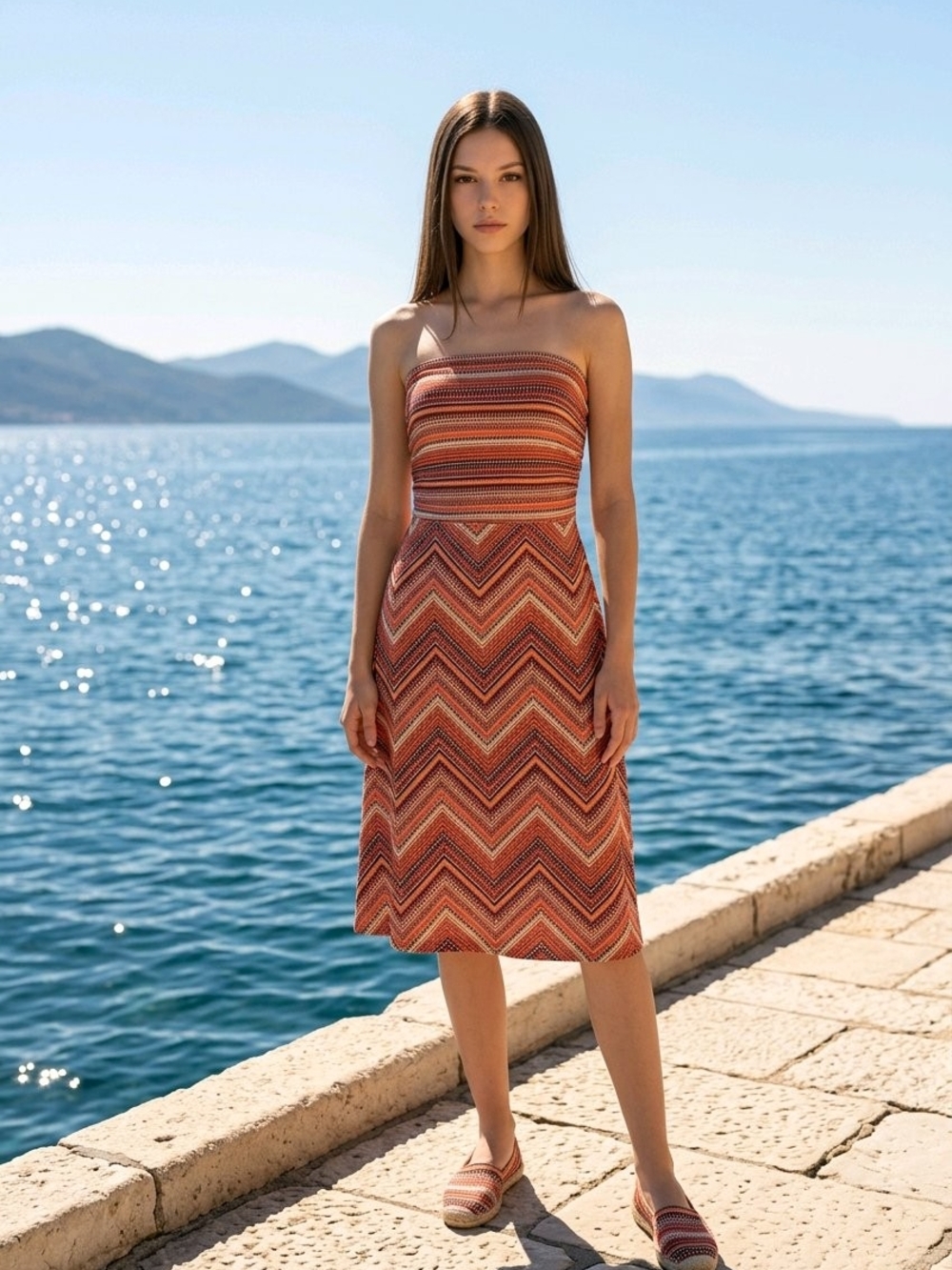 Strapless 2 in 1 Chevron Knit Tube Dress Or Skirt in Rust